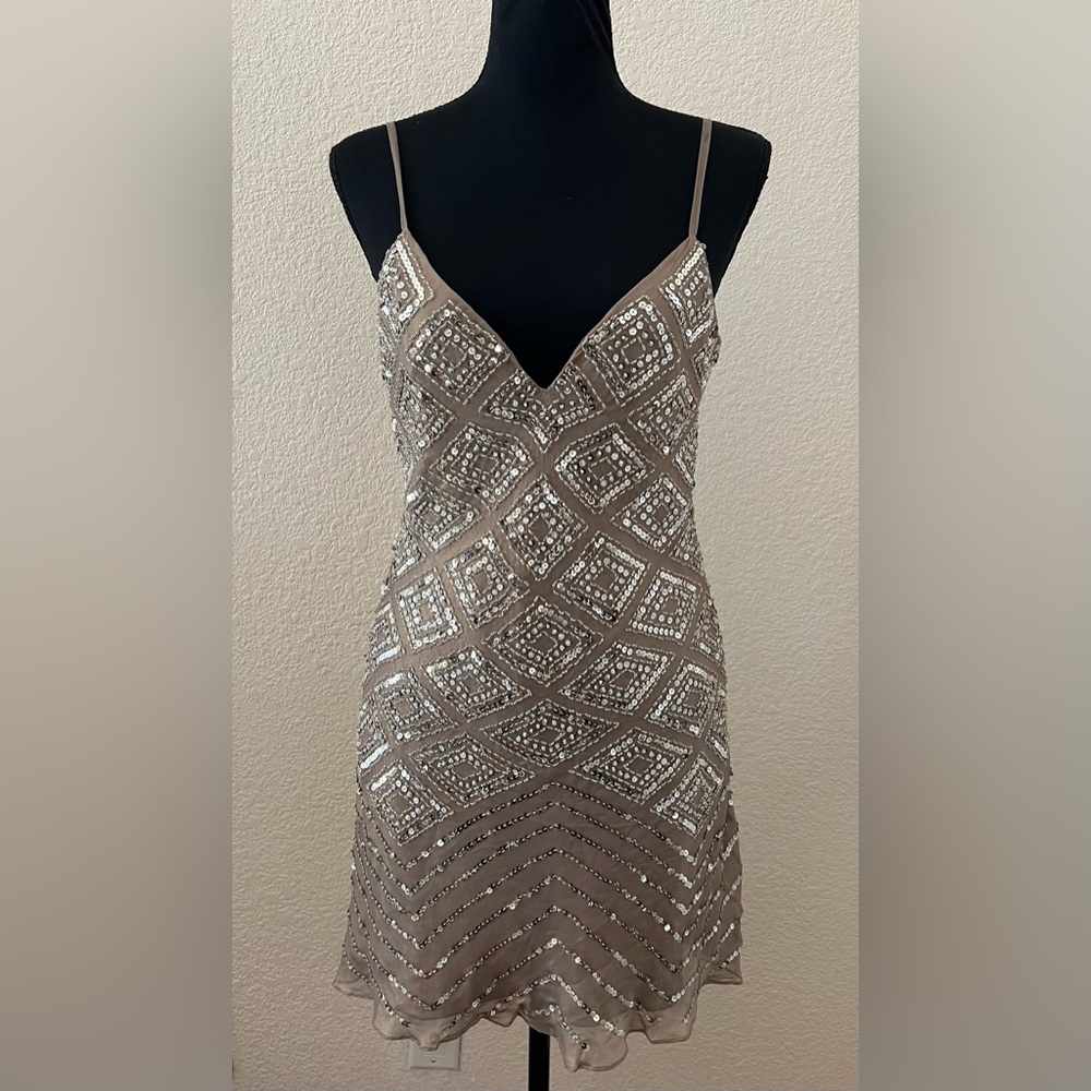 John Cavill Australia Couture Silk Sequin Nude Mini Cocktail Dress Size 6